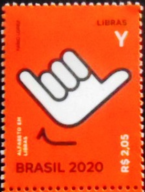 Selo postal do Brasil de 2020 Letra Y em Libras