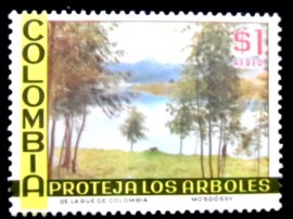 Selo postal da Colômbia de 1975 Trees and lake