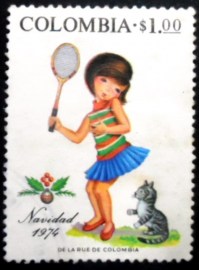 Selo postal da Colômbia de 1974 Girl with tennis racket