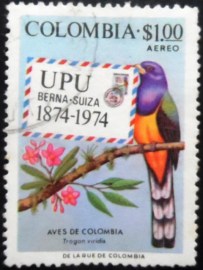 Selo postal da Colômbia de 1974 Green-backed Trogon