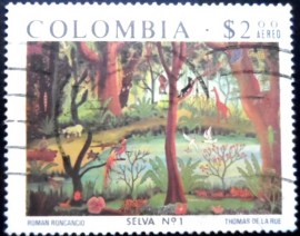 Selo postal da Colômbia de 1975 Wood Nº1 by R.Roncancio