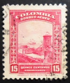 Selo postal da Colômbia de 1941 Fort in Cartagena 15