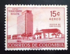 Selo postal da Colômbia de 1955 Hotel Tequendama and Church of San Diego