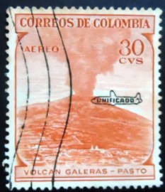 Selo postal da Colômbia de 1959 Galeras Volcano Overprinted