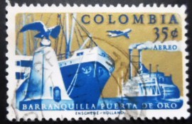 Selo postal da Colômbia de 1961 Ships in Barranquilla Harbour