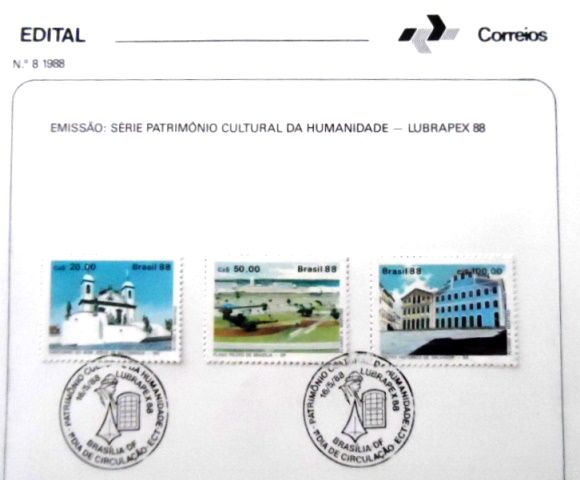 Edital Oficial de Lançamento nº 7, Selado, obliterado com Carimbo Único CPD / CBC do Rio de Janeiro / RJ  Emissão: 12.05.1988  Catálogo RHM dos selos:  C 1583 e C 1584  Idiomas: Português, inglês e francês  Tiragem: 17.100  Número de série deste edital: