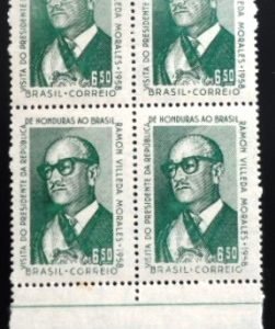 Quadra de selos marmorizados do Brasil de 1958 Ramon Villeda Morales