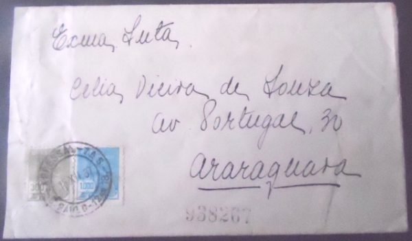 Envelope circulado em 1937 entre São Paulo x Araraquara