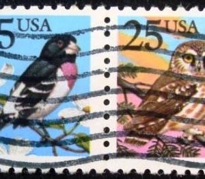 Se-tenant dos Estados Unidos de 1988 Rose-breasted Grosbeak and Boreal Owl D