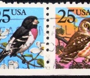 Se-tenant dos Estados Unidos de 1988 Rose-breasted Grosbeak and Boreal Owl E