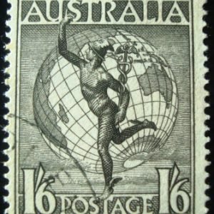 Selo postal da Nova Zelandia de 1956 Hermes e o Globo