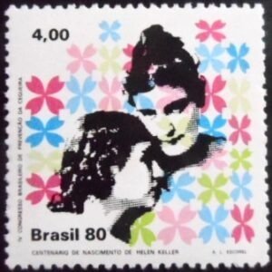 Selo postal do Brasil de 1980 Helen Keller N