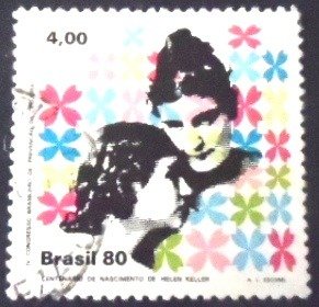 Selo postal do Brasil de 1980 Helen Keller U