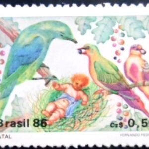 Selo postal do Brasil de 1986 Pássaros e Jesus N