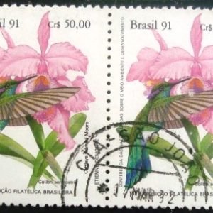 Par de selos do Brasil de 1991 Colibri e Catleya