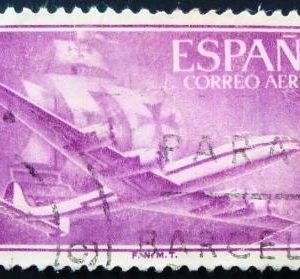 Selo postal Espanha 1956Superconstellation and 'Santa Maria'