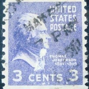 Selo postal dos Estados Unidos de 1938 Thomas Jefferson 3 U C