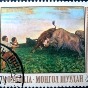 Selo postal da Mongólia de 1969 Bull fight