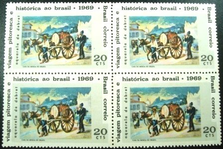 Quadra de selos postais do Brasil de 1969 Jean Baptiste Debret N QD