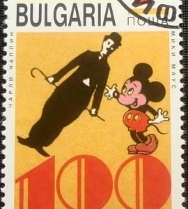 Selo postal da Bulgária de 1995 Charlie Chaplin-Mickey Mouse