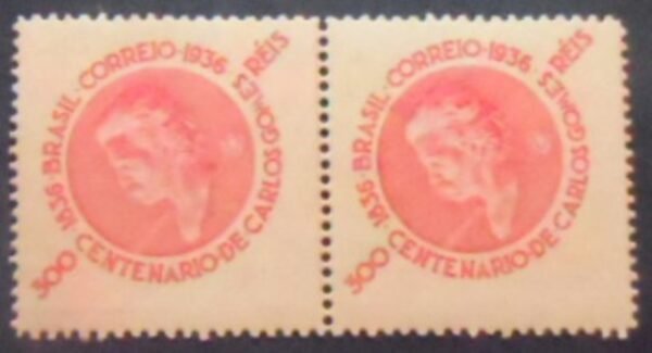 Par de selos postais do Brasil de 1936 Carlos Gomes carmim M PR