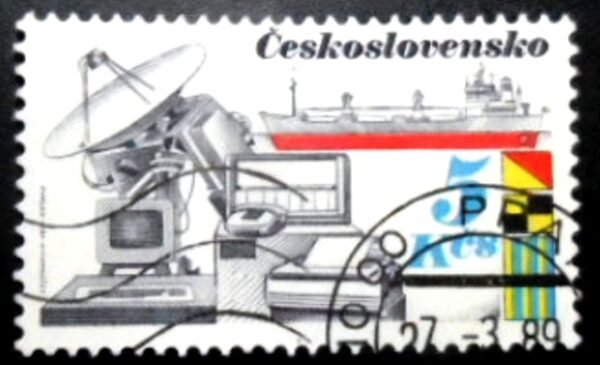 Selo postal da Tchecoslováquia de 1989 Vltava (Tanker) and Communications Equipment U