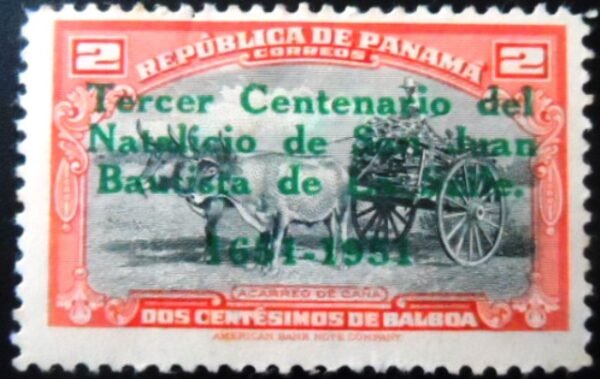 Selo postal do Panamá de 1951 Cart laden with sugar canes overprinted N