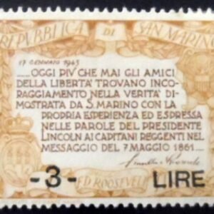 Selo postal de San Marino de 1947  Roosevelt overprint N