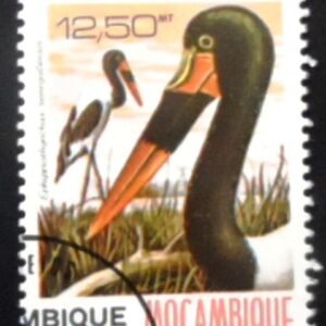 Selo postal de Moçambique de 1981 Saddle-billed Stork (Ephippiorhynchus senegalensis) NCC