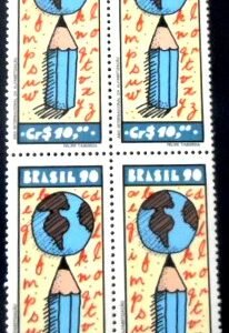 Quadra de selos postais do Brasil de 1990 Alfabetização M QD