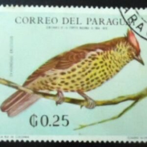 Michel PY 1932 Nº do selo PY 1163 Yvert et Tellier PY 989 Stanley Gibbons Não listado Temas: Animais (Fauna) | Pássaros Data de emissão: 1969-07-09 Dimensões: 50 x 40 mm Cores: Multicolorido Desenhadores: Claudio Alonso Impressores: De La Rue de Colombia Formato: Selo Emissão: Comemorativo Denteado: Denteado13¾ x 14¼ Impressão: Offset Valor facial: 0,25 Gs - Guaraní paraguaio