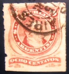 Selo postal da Argentina de 1877 Bernardino Rivadavia 8 Rouletted  U