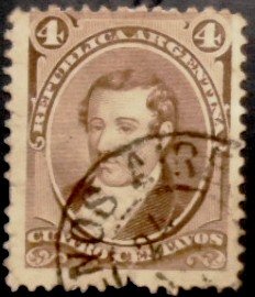 Michel AR 19b Nº do selo AR 23a Yvert et Tellier AR 17a Stanley Gibbons AR 32a Gz (Cefiloza AR 34A Götig e Jalil AR 36A Variantes: Clicar para ver as variantes Temas: Autores | Literatura | Pessoas Famosas | Pessoas de Letras (Poetas e Escritores) | Políticos Data de emissão: 1879-11-05 Prazo de validade: 1902-12-13 Dimensões: 23 x 27 mm Cores: castanho avermelhado Impressores: National Bank Note Company Formato: Selo Emissão: Definitivo Denteado: 12 Impressão: Recesso Valor facial: 4 ¢ - Centavo argent