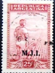 Selo postal da Argentina de 1937 Agriculture ovpt. M.J.I. U sev