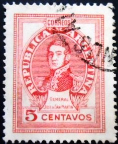 Michel AR 524IX Nº do selo AR 549 Yvert et Tellier AR 462a Stanley Gibbons AR 773a Gz (Cefiloza AR 617 Götig e Jalil AR 891 Variantes: Clicar para ver as variantes Tem Variantes Menores: 1 Temas: Combatentes da liberdade | Generais | Heróis | Homens | Pessoas Famosas | Revolucionários Data de emissão: 1946 Prazo de validade: 1959-05-31 Dimensões: 24 x 30 mm Cores: vermelho carmin Marca de água: Sem marca Formato: Selo Emissão: Definitivo Denteado: 13¼ Impressão: Tipografia Papel: National, vertically grained Valor facial: 5 ¢ - Centavo argentino