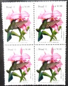 Quadra de selos postais do Brasil de 1991 Colibri e Catleya M QD