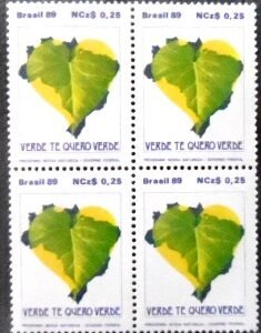 Quadra de selos postais do Brasil de 1989 Verde M QD