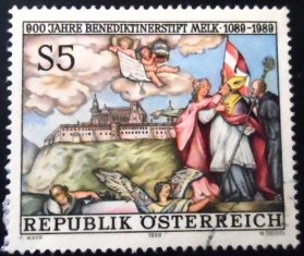 Michel AT 1944 Nº do selo AT 1447 Yvert et Tellier AT 1774 Stanley Gibbons AT 2185 Nº AFA AT 1839 Austria Netto Katalog AT 1976 Unificato AT 1773 Temas: Afrescos | Aniversários e Jubileus | Anjos | Bandeiras | Mosteiros e Conventos Data de emissão: 1989-03-17 Prazo de validade: 2002-06-30 Dimensões: 42 x 36 mm Cores: Multicolorido Desenhadores: Friedrich Mayr | Wolfgang Seidel (E) Formato: Selo Emissão: Comemorativo Denteado: Denteado14 Impressão: Fotogravura e Entalho Valor facial: 5 öS - Xelim austrí