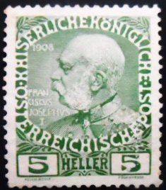 Selo postal da Áustria de 1908 Emperor Franz Joseph 5 N sev