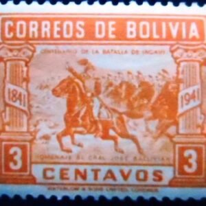 Selo postal da Bolívia de 1943 Gen. Ballivian leading cavalry charge 3 M