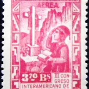 Selo postal da Bolívia de 1948 Child kneeling before cross of Golgotha N