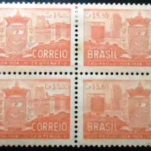Quadra de selos postais do Brasil de 1954 4º Centenário São Paulo 5.80 N tintado QD