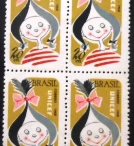 Quadra de selos postais do Brasil de 1968 UNICEF 20 N QD
