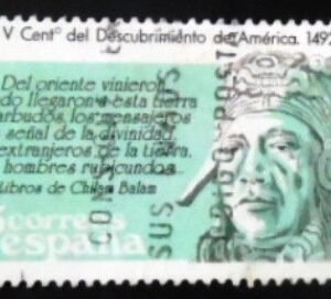 Selo postal da Espanha de 1986 Mayan and Quote from Chilam Balam Books U