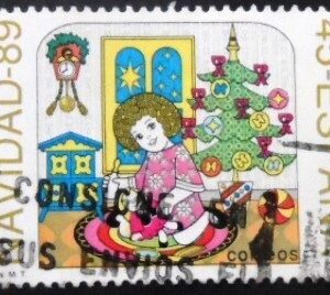 Selo postal da Espanha de 1989 Girl with Christmas Present U