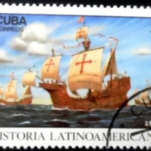 Selo postal de Cuba de 1992 Three ships stopping at Canary Islands NCC