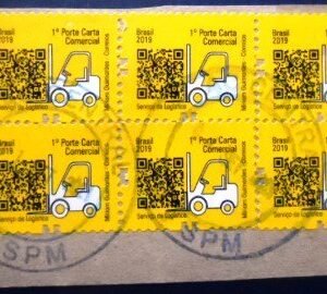 Fragmento com seis selos postais do Brasil de 2019 Empilhadeira U frag