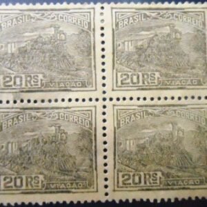 Quadra de selos postais do Brasil de 1923 Viação 20 Filigrana E M QD