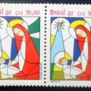 Par de selos postais do Brasil de 1991 Jesus e Nossa Senhora M PR