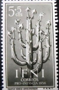 Selo postal de IFNI de 1956 Senecio anteuphorbium 5 + 5 M